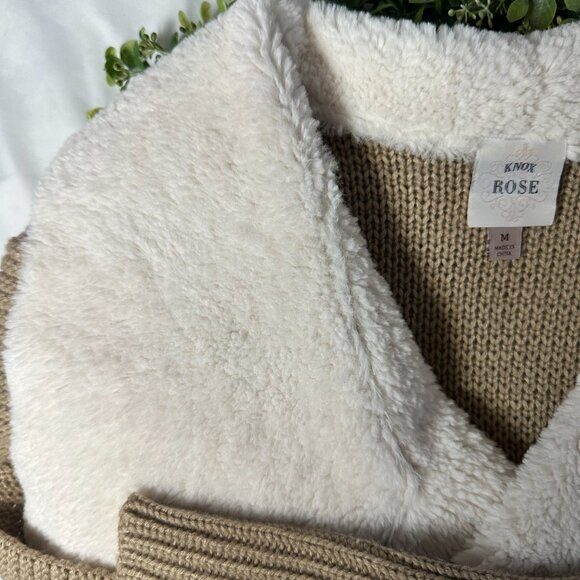 Medium Knox Rose Open Front Faux Suede Shearling Tan Cardigan Sweater Jacket - Picture 6 of 7